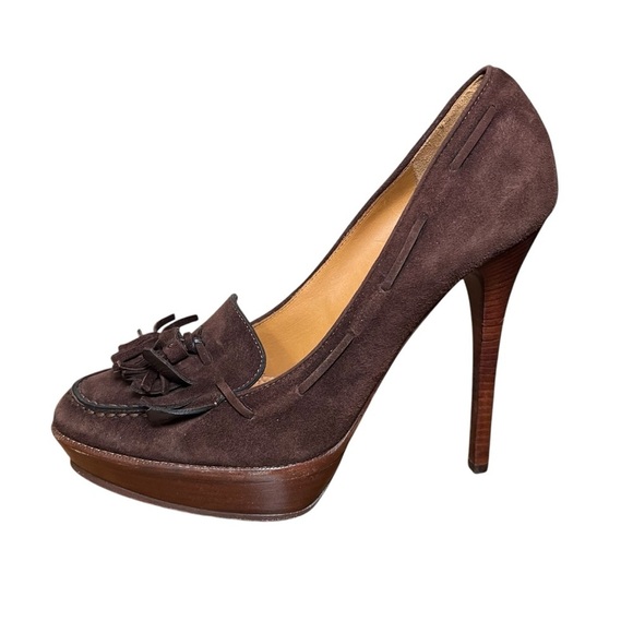Ralph Lauren Collection Brown Suede Stiletto Heels Italy Kiltie Wood Sz 39 US 9 - Picture 4 of 10